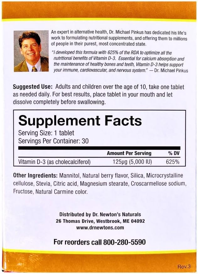 High Potency Vitamin D3 Fast-Melting Tablets for Bone Health and Immune Support - 5000 IU (125 mcg) - 30 Tablets - Made in USA by Dr. Newton's Naturals - BoostGo Australia