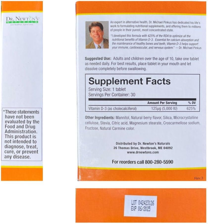 High Potency Vitamin D3 Fast-Melting Tablets for Bone Health and Immune Support - 5000 IU (125 mcg) - 30 Tablets - Made in USA by Dr. Newton's Naturals - BoostGo Australia