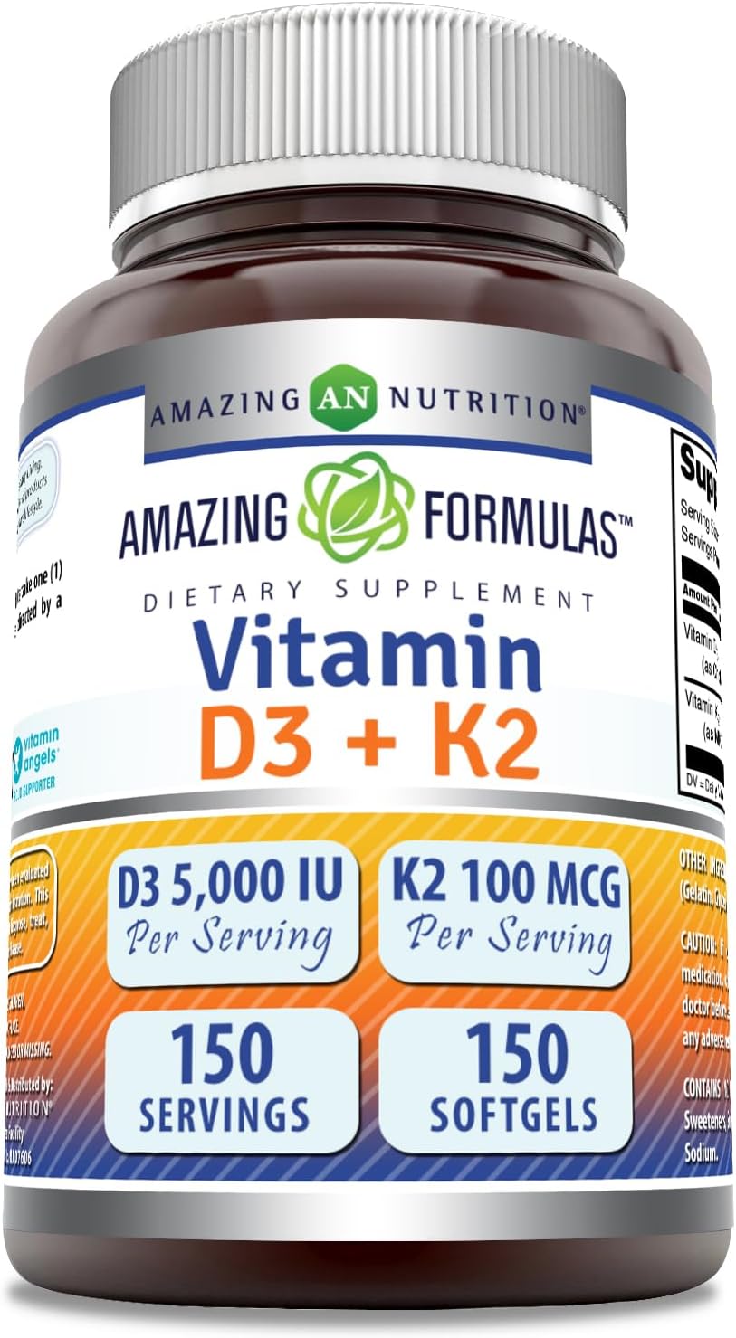 High Potency Vitamin D3 + K2 Complex Supplement Softgels - 5000 IU D3, 100 Mcg K2 - Non-GMO, Gluten-Free - Made in USA - 150 Count