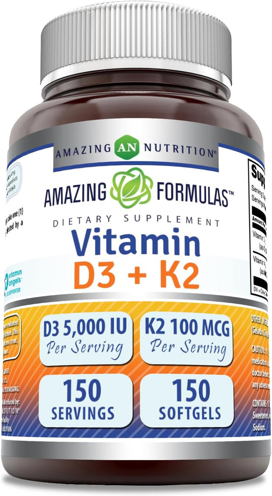 High Potency Vitamin D3 + K2 Complex Supplement Softgels - 5000 IU D3, 100 Mcg K2 - Non-GMO, Gluten-Free - Made in USA - 150 Count