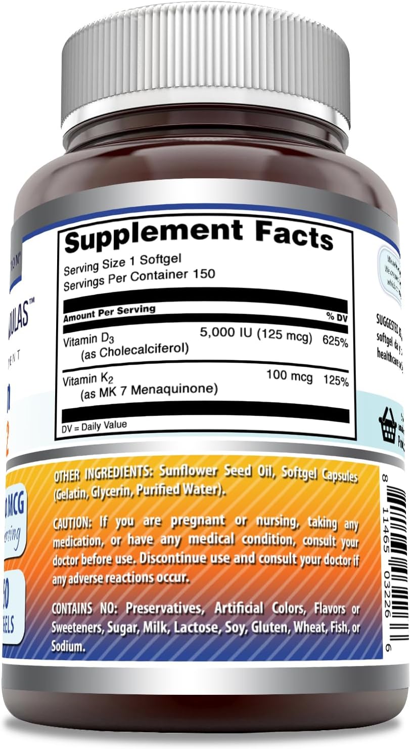 High Potency Vitamin D3 + K2 Complex Supplement Softgels - 5000 IU D3, 100 Mcg K2 - Non-GMO, Gluten-Free - Made in USA - 150 Count