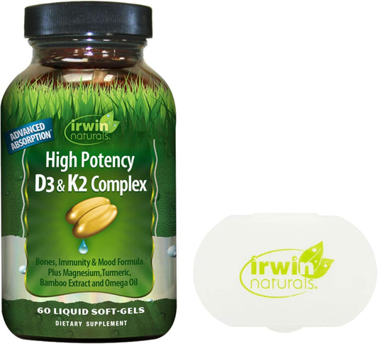 High Potency Vitamin D3 + K2 Complex with Turmeric Extract - 60 Liquid Softgels with Pill Case - Bone Health Supplement with Magnesium - Irwin Naturals