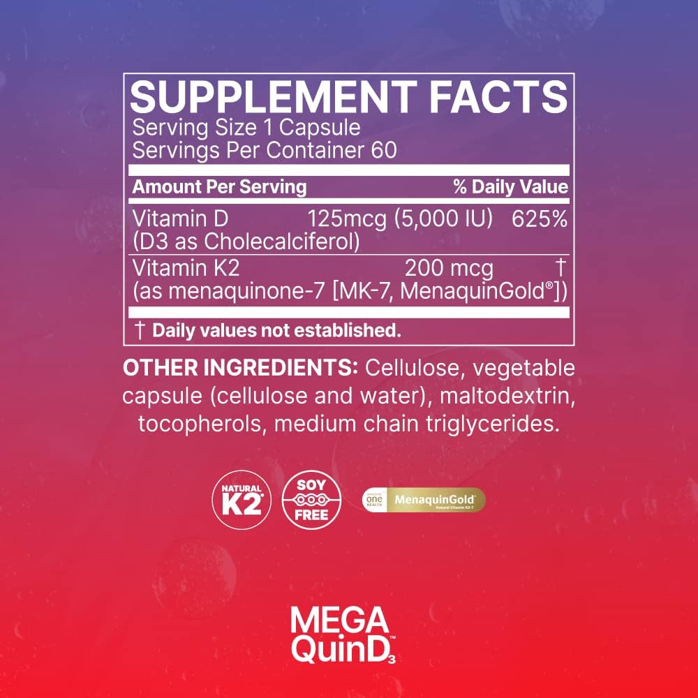 High Potency Vitamin D3 K2 Supplement - Microbiome Labs MegaQuin D3 with Bioactive MK-7 - 5000 iu - Bone, Heart, Nerve & Immune Health Support - 60 Capsules