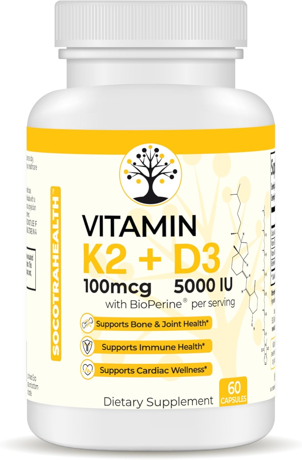 High Potency Vitamin D3 K2 Supplement for Bone, Joint, Immune, and Cardiac Health - 5000 IU, Gluten Free - 60 Capsules