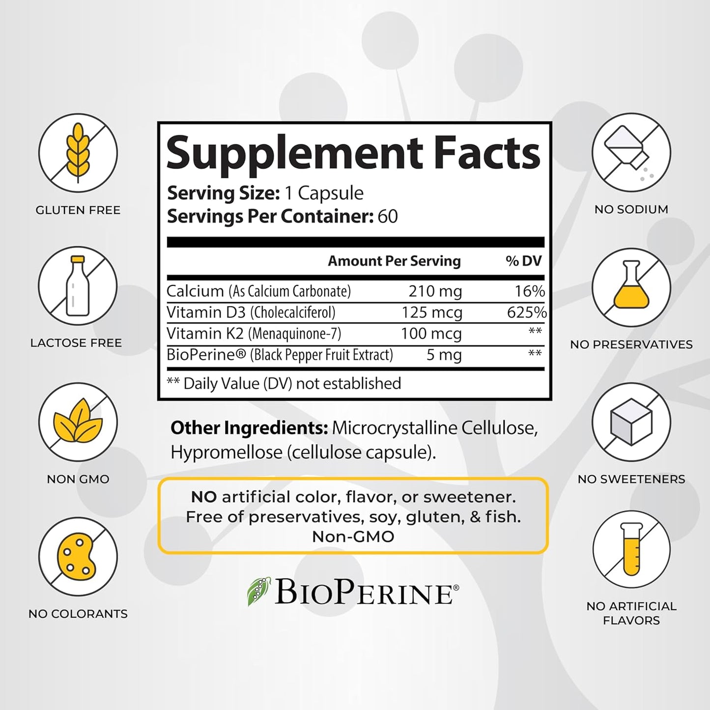 High Potency Vitamin D3 K2 Supplement for Bone, Joint, Immune, and Cardiac Health - 5000 IU, Gluten Free - 60 Capsules