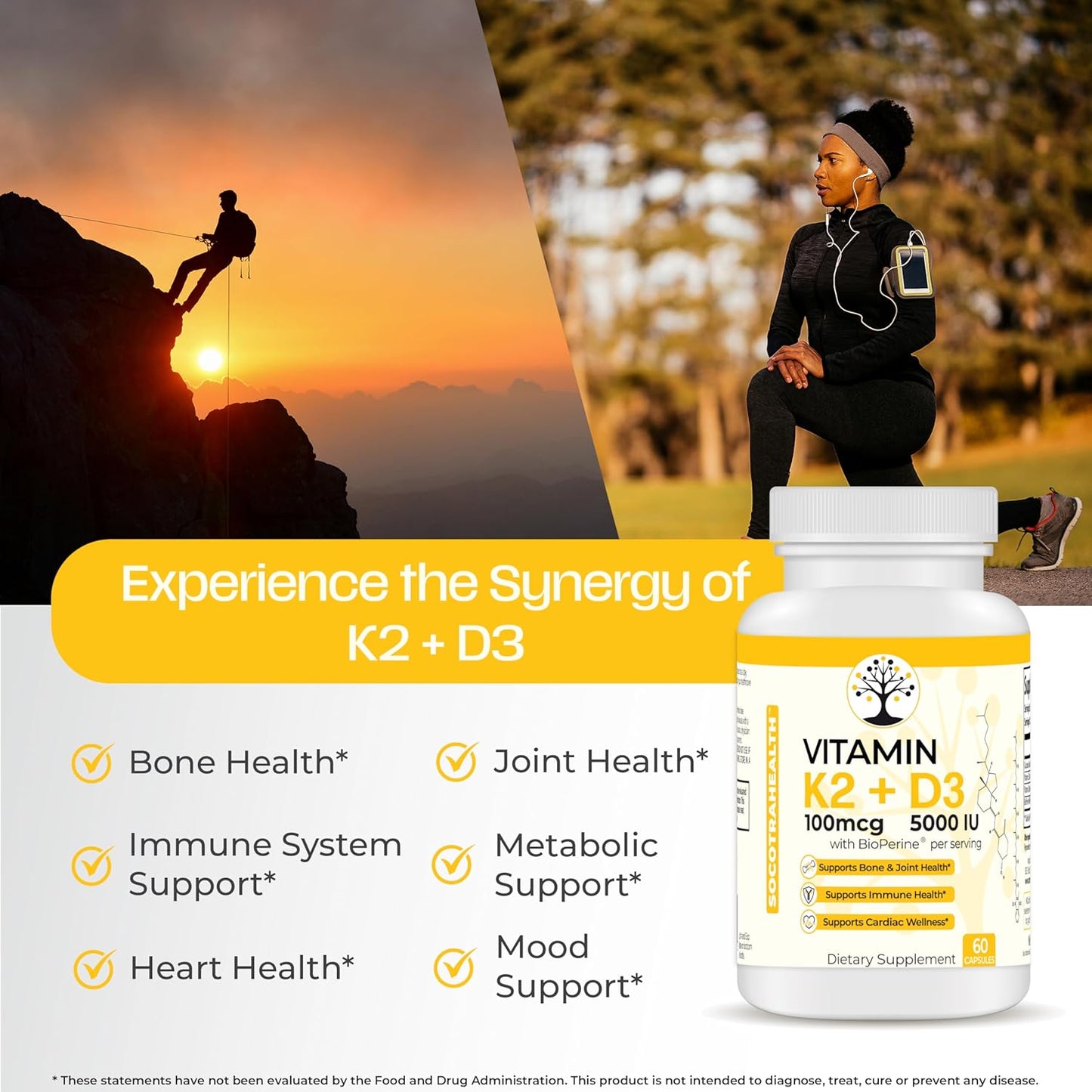 High Potency Vitamin D3 K2 Supplement for Bone, Joint, Immune, and Cardiac Health - 5000 IU, Gluten Free - 60 Capsules