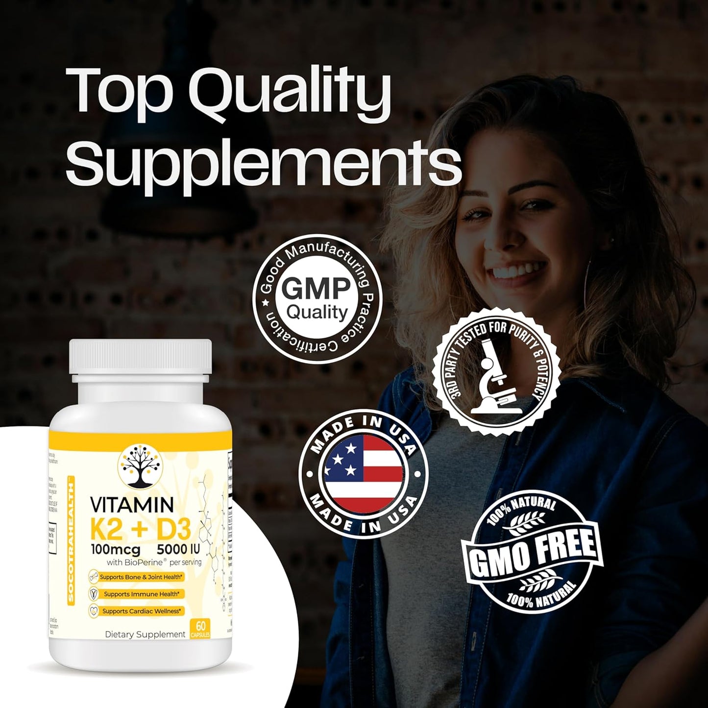 High Potency Vitamin D3 K2 Supplement for Bone, Joint, Immune, and Cardiac Health - 5000 IU, Gluten Free - 60 Capsules
