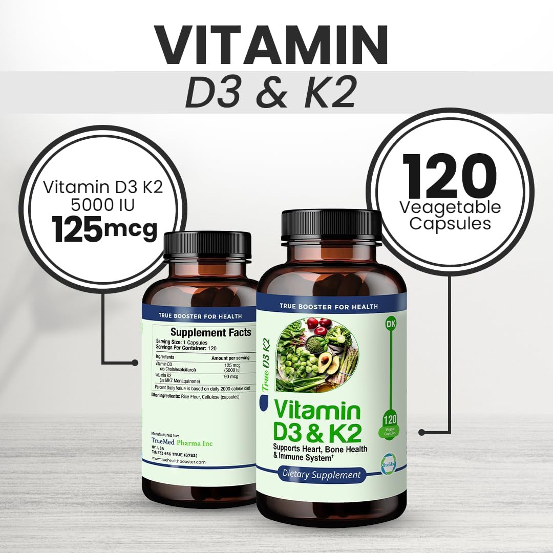 High Potency Vitamin D3 & K2 Supplement for Heart, Bone, and Immune Health - 15,000 IU D3, 90mcg K2 MK7 - 120 Veg Caps - USA Made, GMP Certified