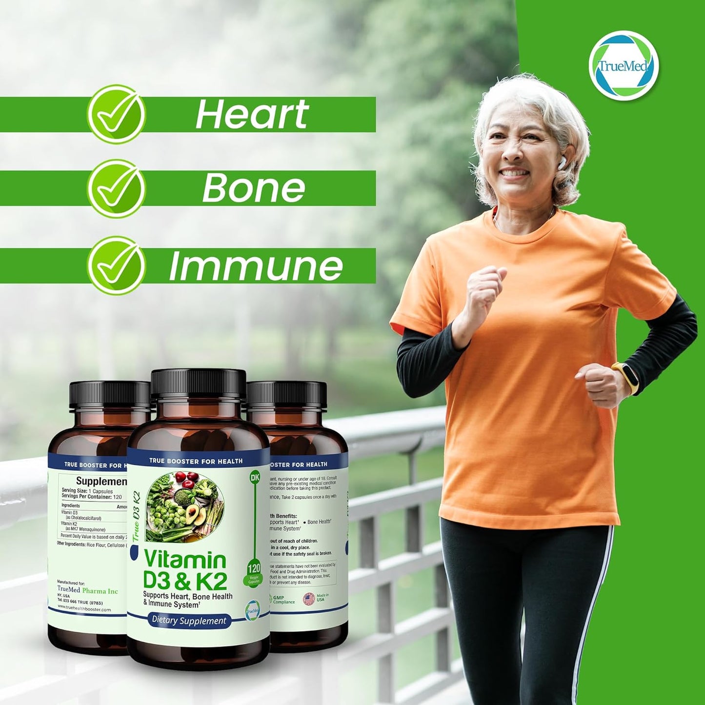 High Potency Vitamin D3 & K2 Supplement for Heart, Bone, and Immune Health - 15,000 IU D3, 90mcg K2 MK7 - 120 Veg Caps - USA Made, GMP Certified