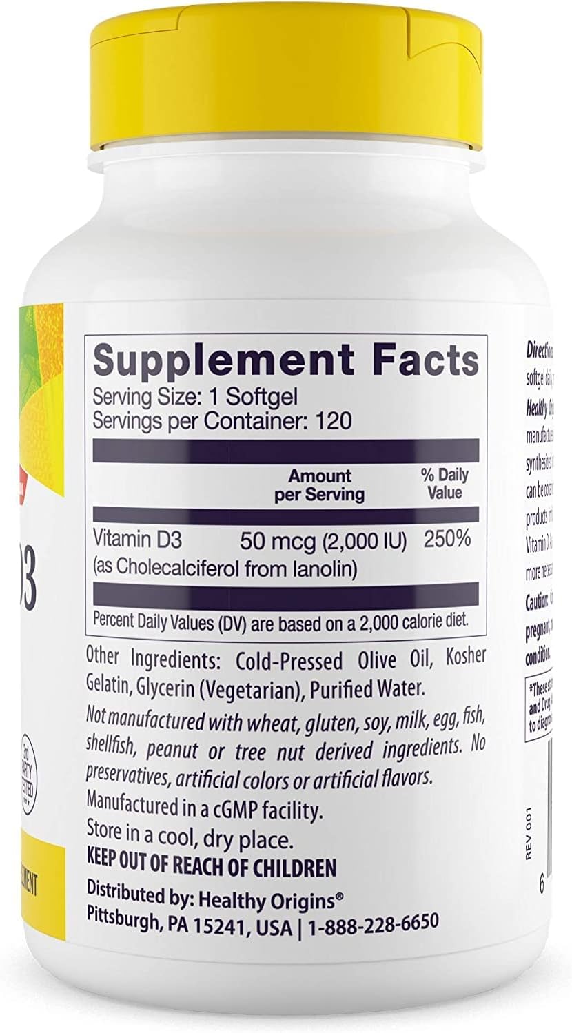 High Potency Vitamin D3 (Lanolin) 2,000 IU Softgels for Bone Health & Immune Support - Gluten-Free & Easily Absorbable D3 Supplement - 120 Count