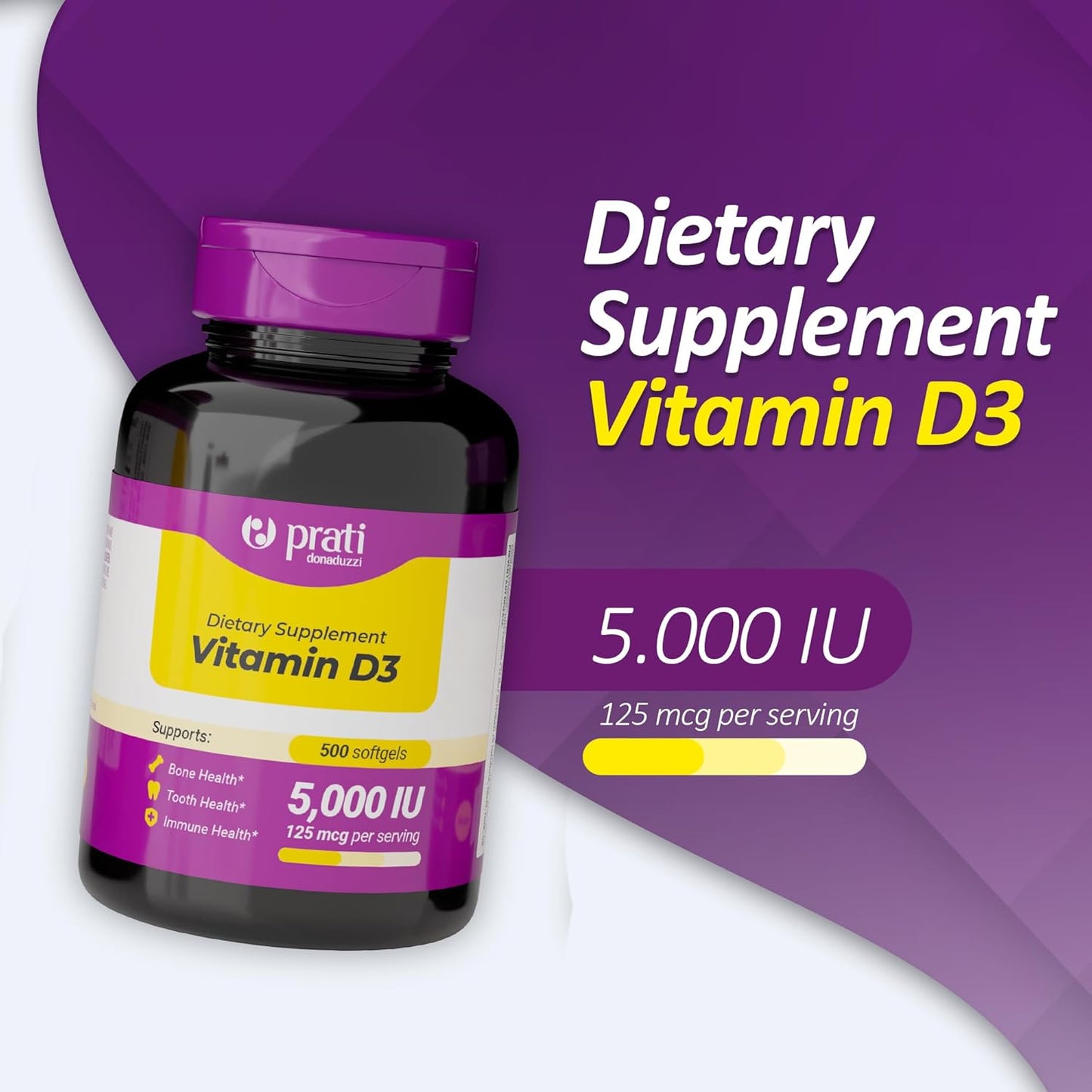 High Potency Vitamin D3 Softgels - 5,000 IU for Immune Support and Bone Health - 500 Capsules - Non-GMO, Gluten-Free - Easy to Swallow for Adults and Seniors