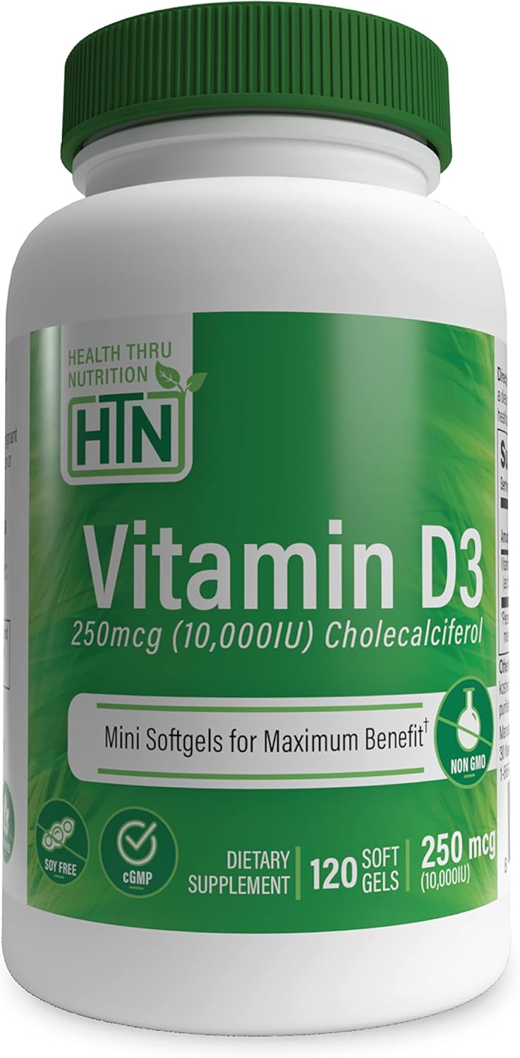 High Potency Vitamin D3 Softgels 10,000iu for Immune Support | 120 Mini Softgels with 250mcg Cholecalciferol | Non-GMO & 3rd Party Tested | Organic EVOO