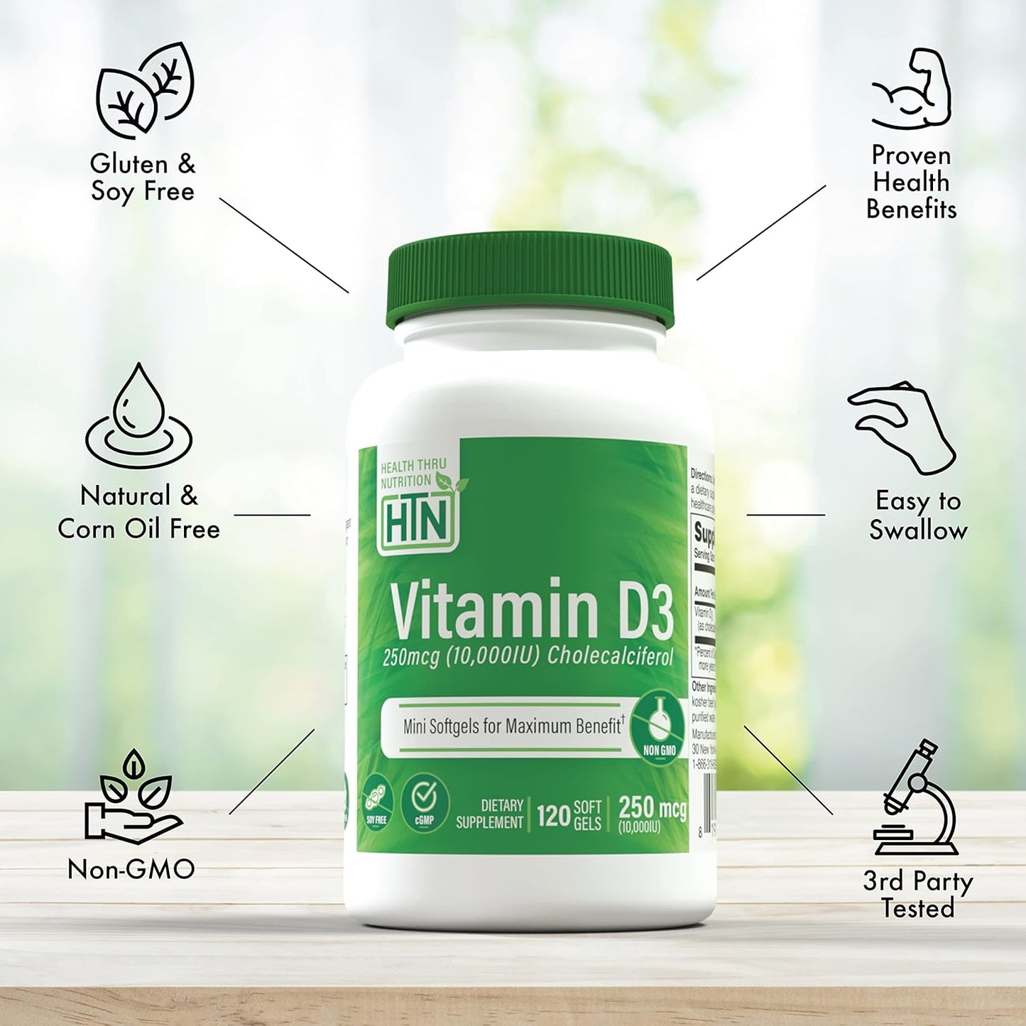 High Potency Vitamin D3 Softgels 10,000iu for Immune Support | 120 Mini Softgels with 250mcg Cholecalciferol | Non-GMO & 3rd Party Tested | Organic EVOO
