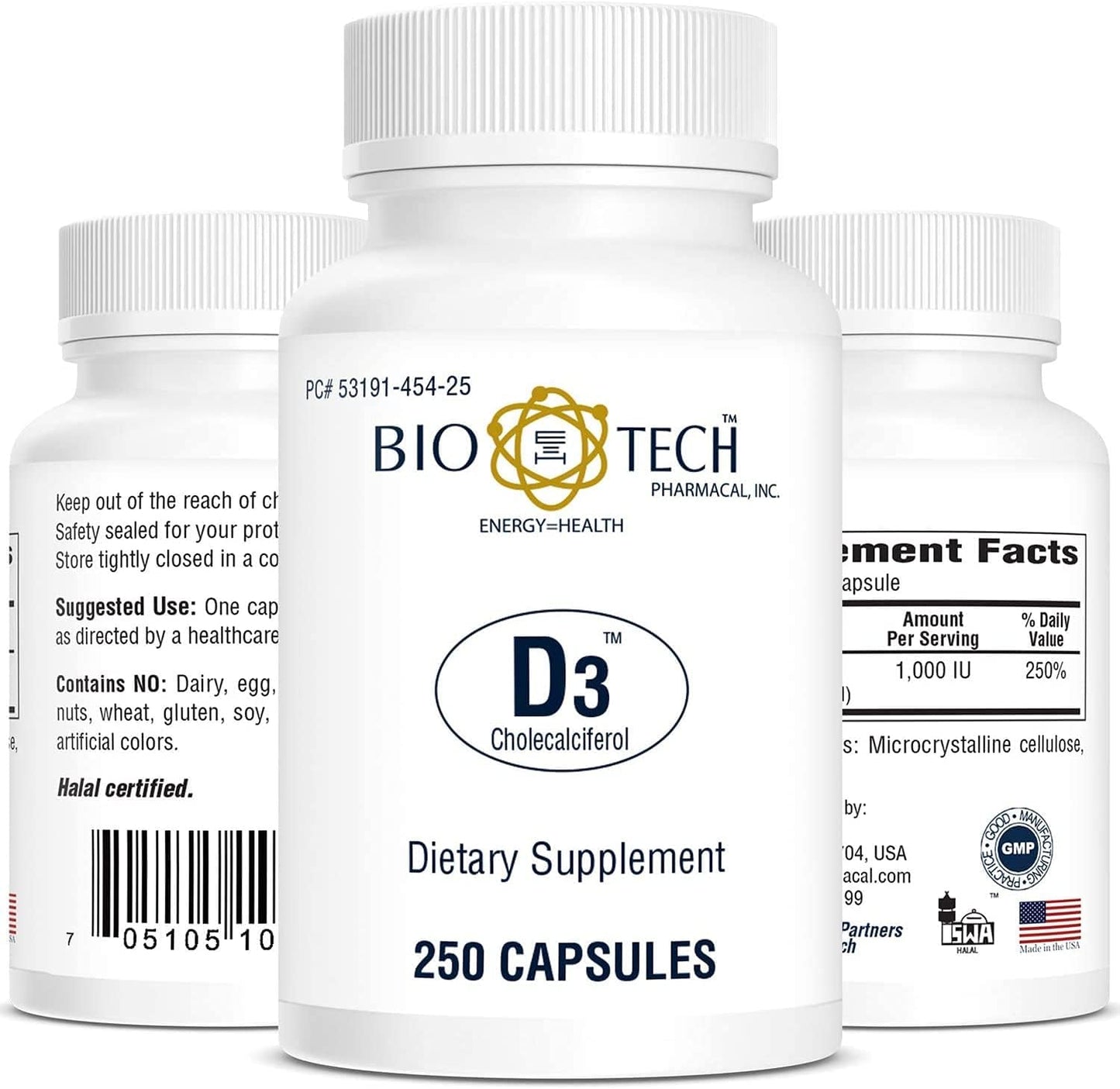 High Potency Vitamin D3 Supplement - 1,000 IU, 250 Capsules by Bio-Tech Pharmacal