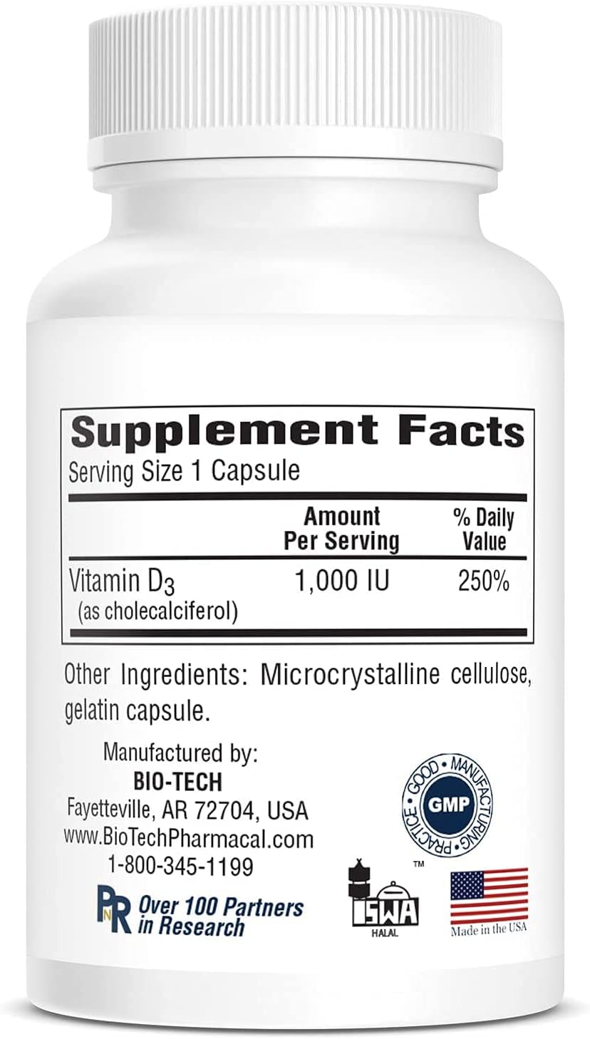 High Potency Vitamin D3 Supplement - 1,000 IU, 250 Capsules by Bio-Tech Pharmacal