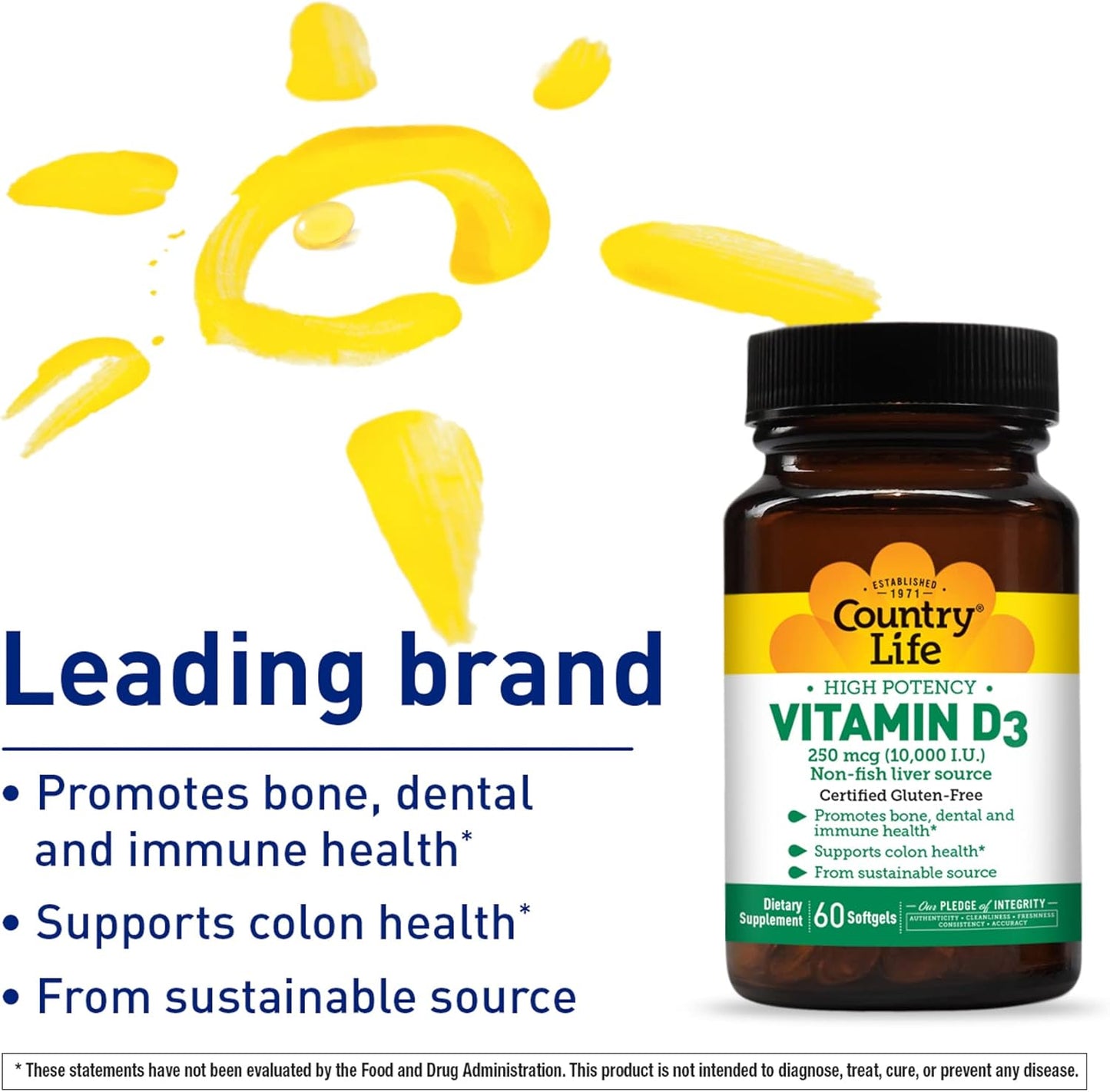 High Potency Vitamin D3 Supplement - 10000 IU, 60 Count by COUNTRY LIFE