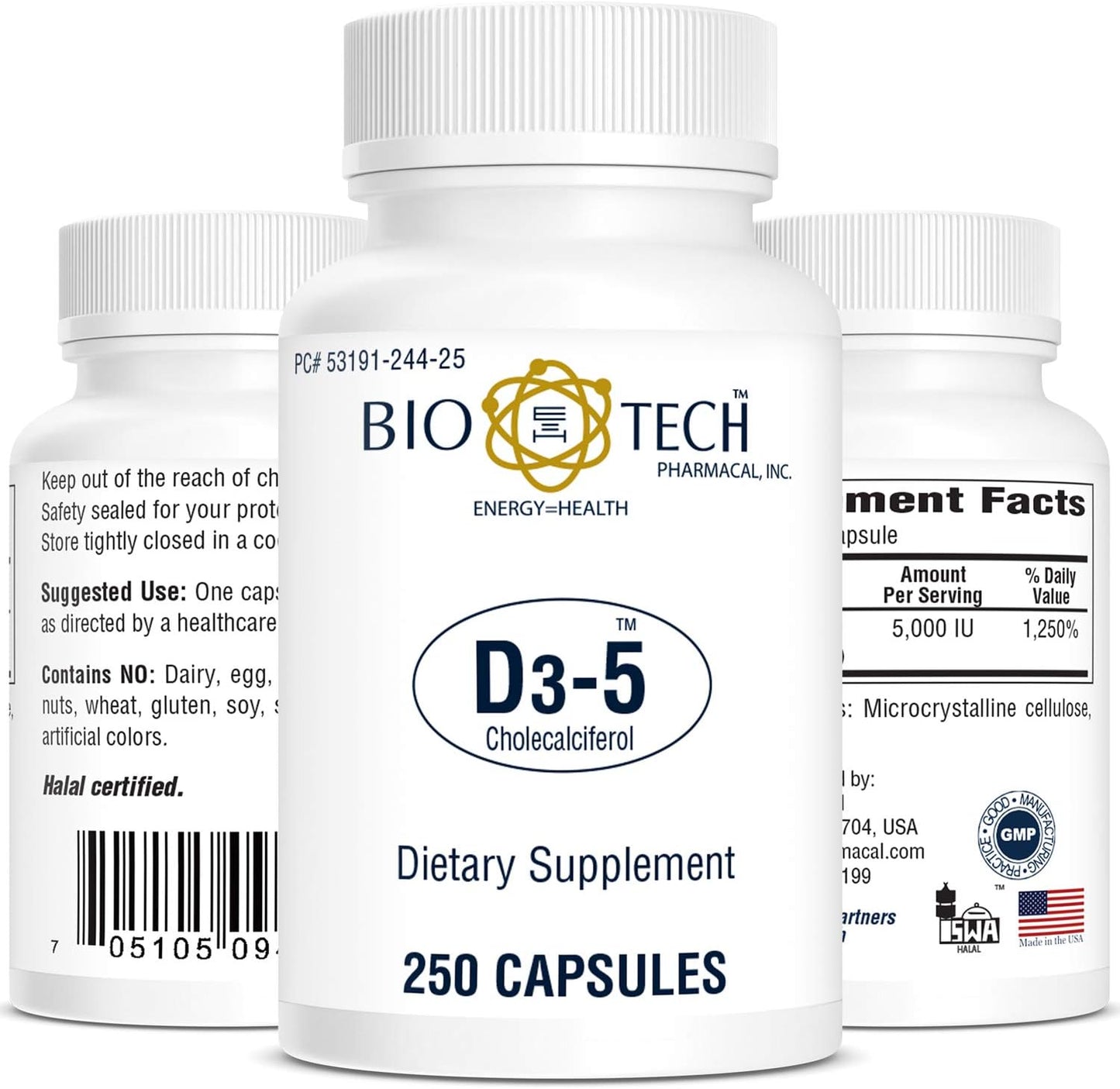 High Potency Vitamin D3 Supplement - 5,000 IU, 250 Capsules by Bio-Tech Pharmacal