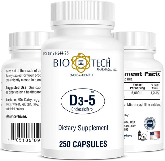 High Potency Vitamin D3 Supplement - 5,000 IU, 250 Capsules by Bio-Tech Pharmacal
