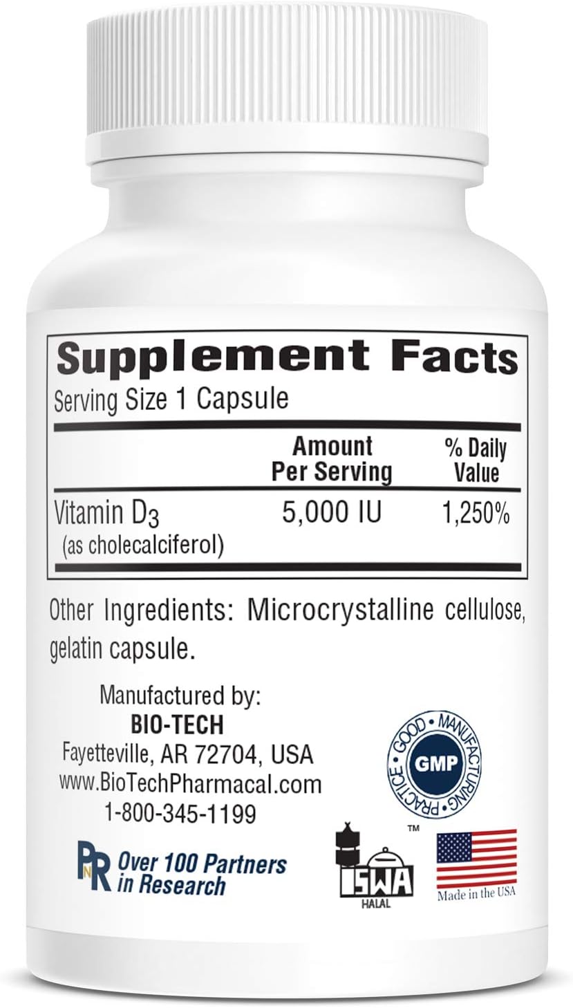 High Potency Vitamin D3 Supplement - 5,000 IU, 250 Capsules by Bio-Tech Pharmacal