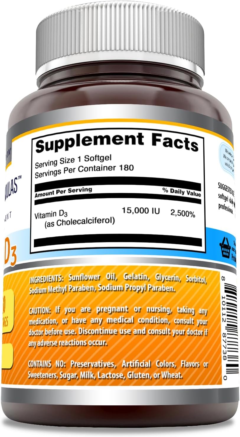 High Potency Vitamin D3 Supplement | 15000 IU Per Serving | Softgels | Non-GMO | Gluten Free | Made in USA (180 Count)