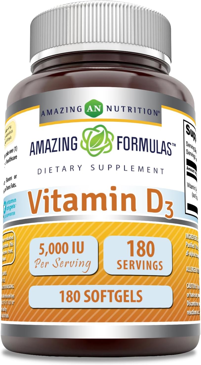 High Potency Vitamin D3 Supplement | 5000 IU per Serving | 180 Softgels | Non-GMO & Gluten-Free | Made in USA by Amazing Nutrition