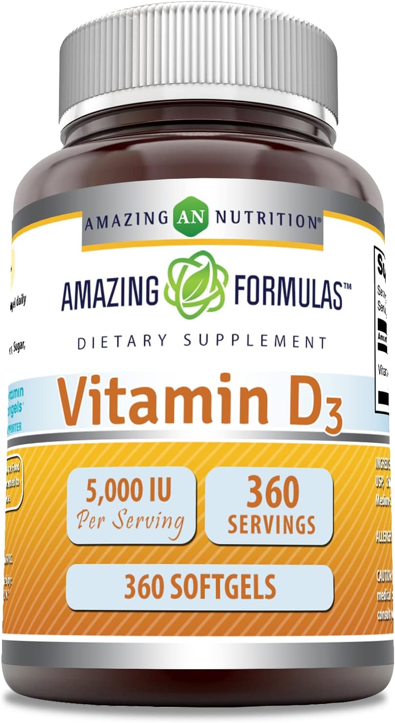High Potency Vitamin D3 Supplement | 5000 IU per Serving | 360 Softgels | Non-GMO & Gluten-Free | Made in USA by Amazing Nutrition