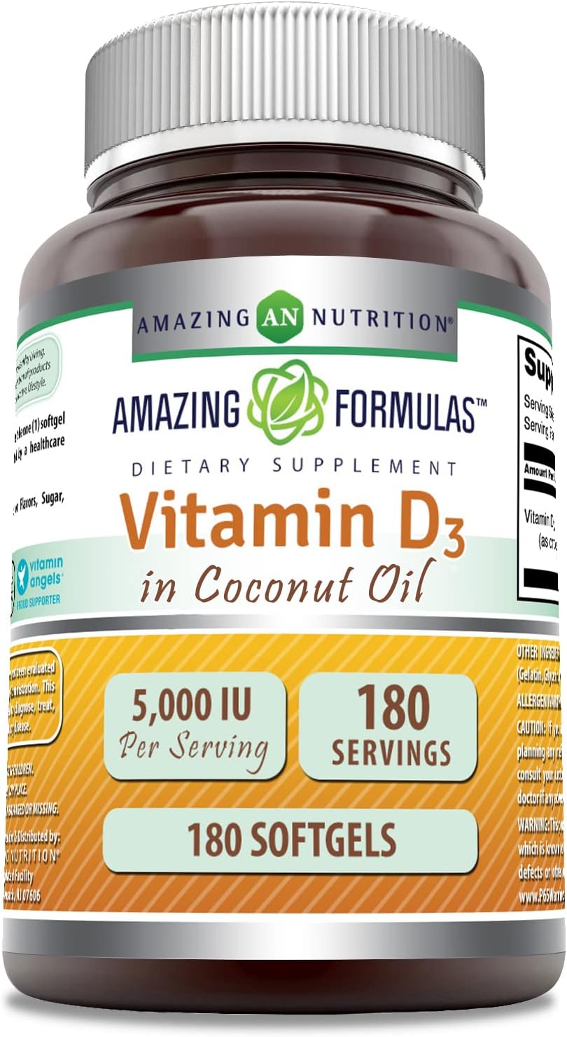 High Potency Vitamin D3 Supplement with Coconut Oil | 5000 IU | 180 Softgels | Non-GMO | Gluten Free | Made in USA