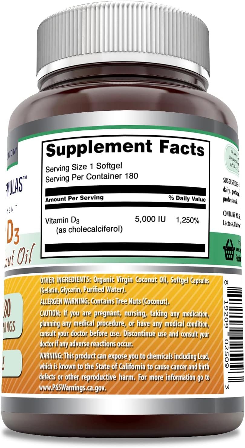 High Potency Vitamin D3 Supplement with Coconut Oil | 5000 IU | 180 Softgels | Non-GMO | Gluten Free | Made in USA