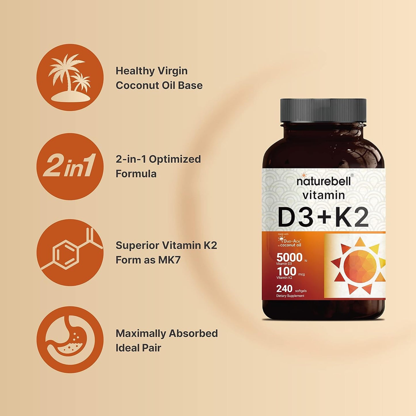 High-Potency Vitamin D3 with K2 MK-7 and Citrus Bergamot Bundle Pack for Immune Support | Bioavailable Coconut Oil Softgels with Antioxidants
