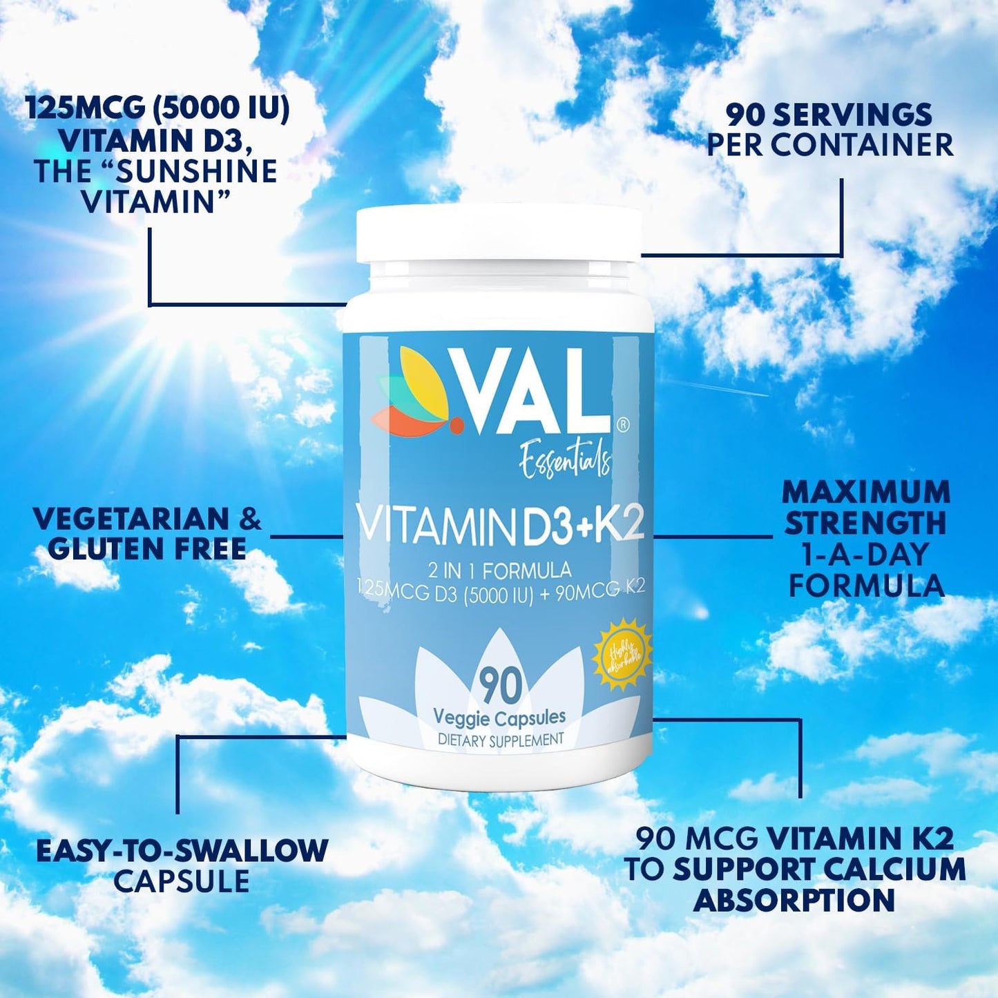 High Potency Vitamin K2 + D3 Supplement - 5000 IU D3 & 90 mcg K2 MK-7 - Non-GMO Complex - Easy to Swallow - 90 Vegetarian Capsules