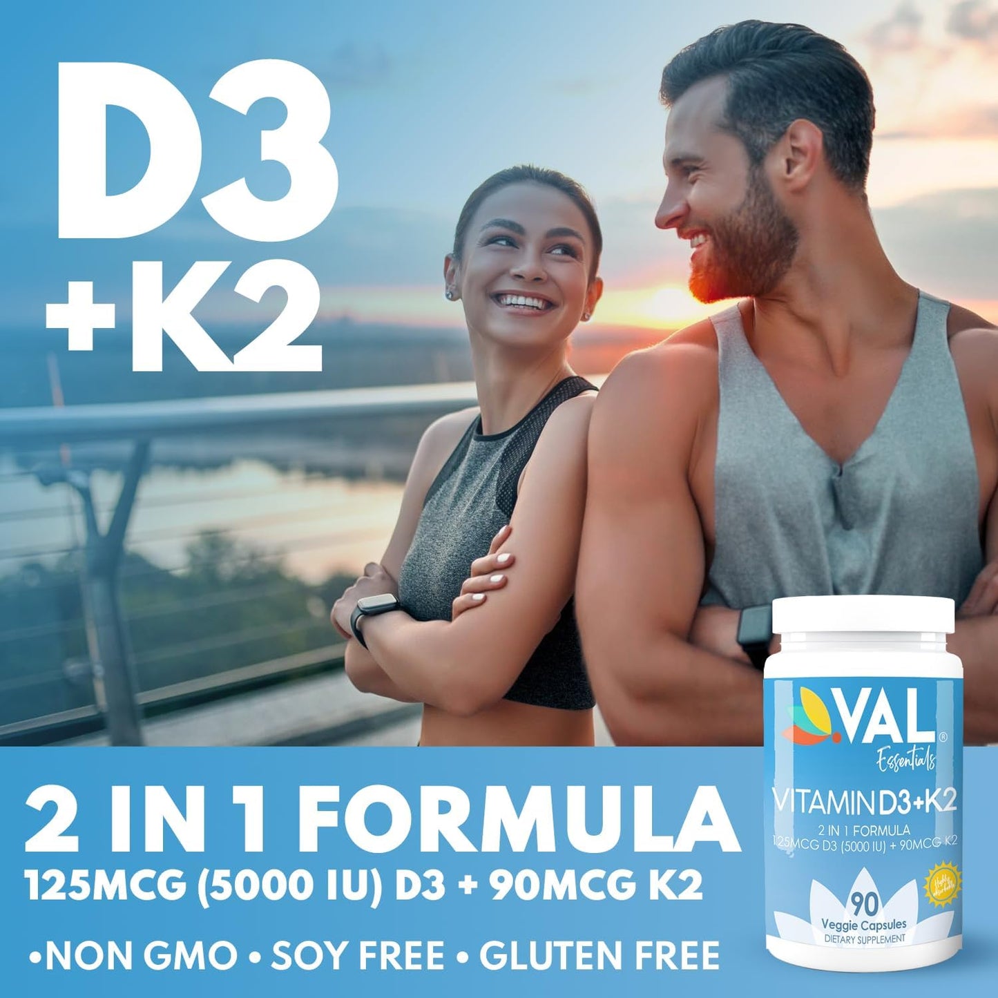 High Potency Vitamin K2 + D3 Supplement - 5000 IU D3 & 90 mcg K2 MK-7 - Non-GMO Complex - Easy to Swallow - 90 Vegetarian Capsules