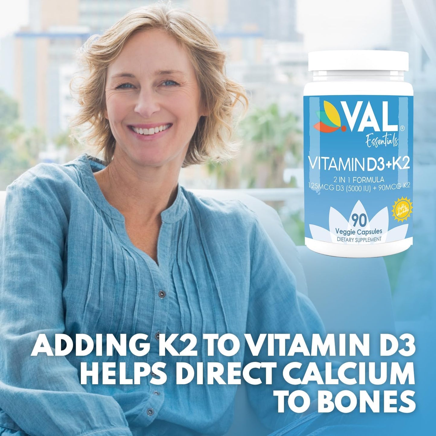 High Potency Vitamin K2 + D3 Supplement - 5000 IU D3 & 90 mcg K2 MK-7 - Non-GMO Complex - Easy to Swallow - 90 Vegetarian Capsules