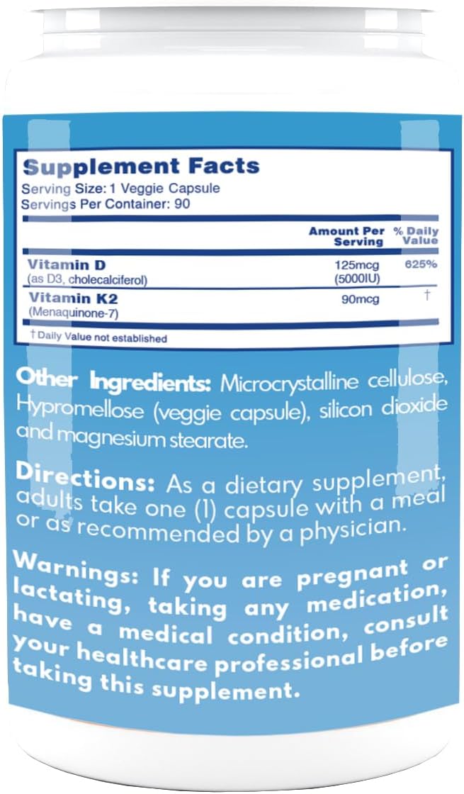High Potency Vitamin K2 + D3 Supplement - 5000 IU D3 & 90 mcg K2 MK-7 - Non-GMO Complex - Easy to Swallow - 90 Vegetarian Capsules
