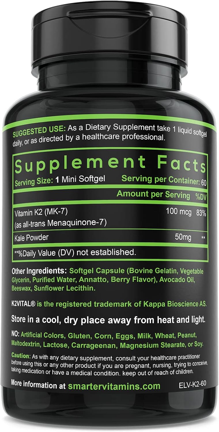 High Potency Vitamin K2 MK7 100mcg Liquid Softgels with K2VITAL and Kale - 60 Count