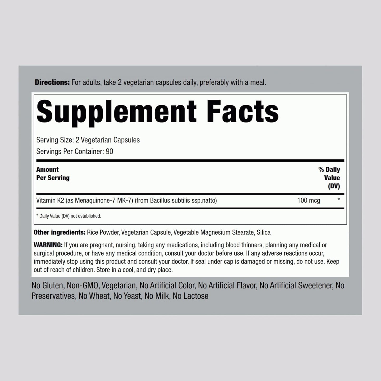 High Potency Vitamin K2 MK7 Supplement | 100 mcg | 180 Vegetarian Capsules | Non-GMO, Gluten Free by Piping Rock