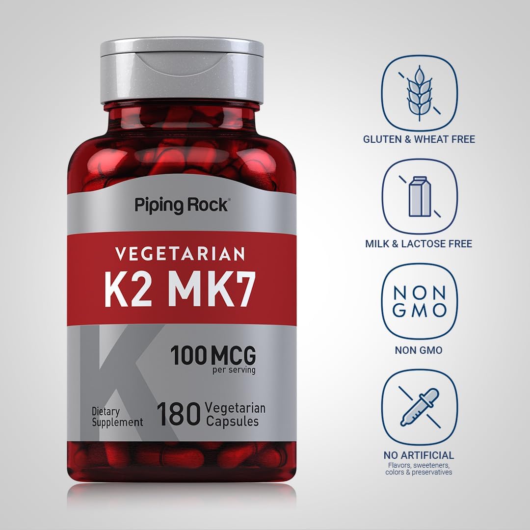 High Potency Vitamin K2 MK7 Supplement | 100 mcg | 180 Vegetarian Capsules | Non-GMO, Gluten Free by Piping Rock