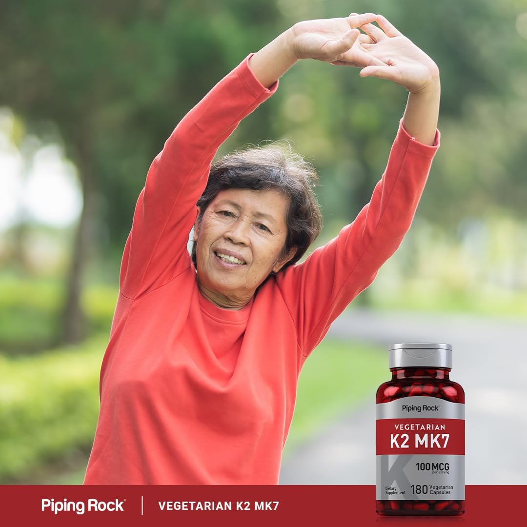 High Potency Vitamin K2 MK7 Supplement | 100 mcg | 180 Vegetarian Capsules | Non-GMO, Gluten Free by Piping Rock