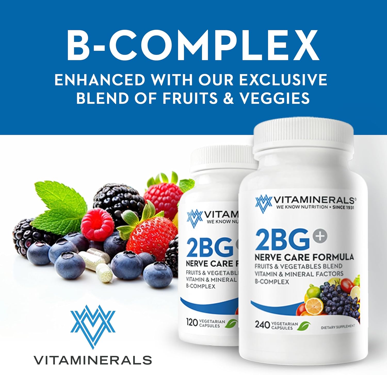 High Potency Vitaminerals 2BG+™ B Complex with Immune Support | Fruits & Veggies Blend | 240 Veggie Capsules