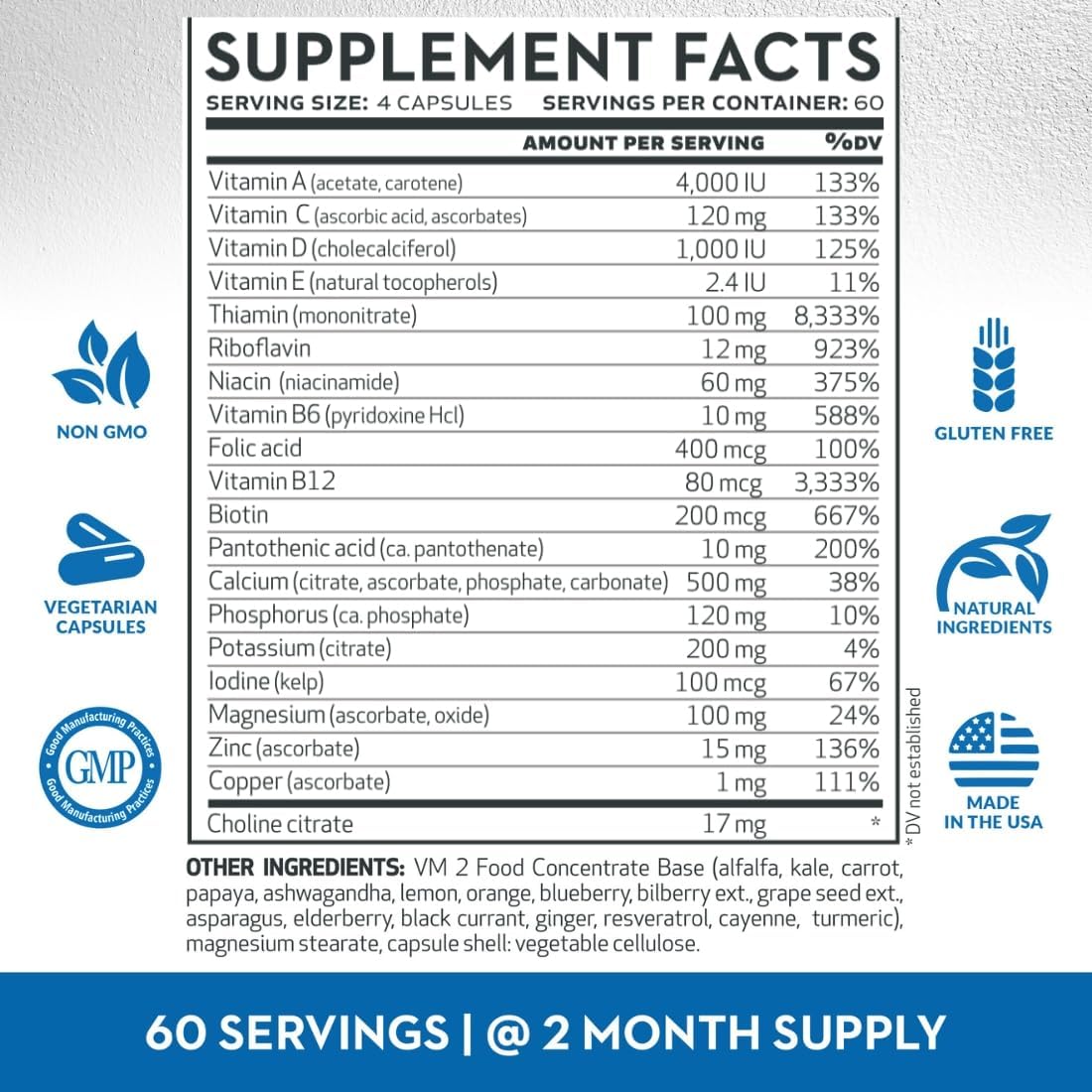 High Potency Vitaminerals 2BG+™ B Complex with Immune Support | Fruits & Veggies Blend | 240 Veggie Capsules