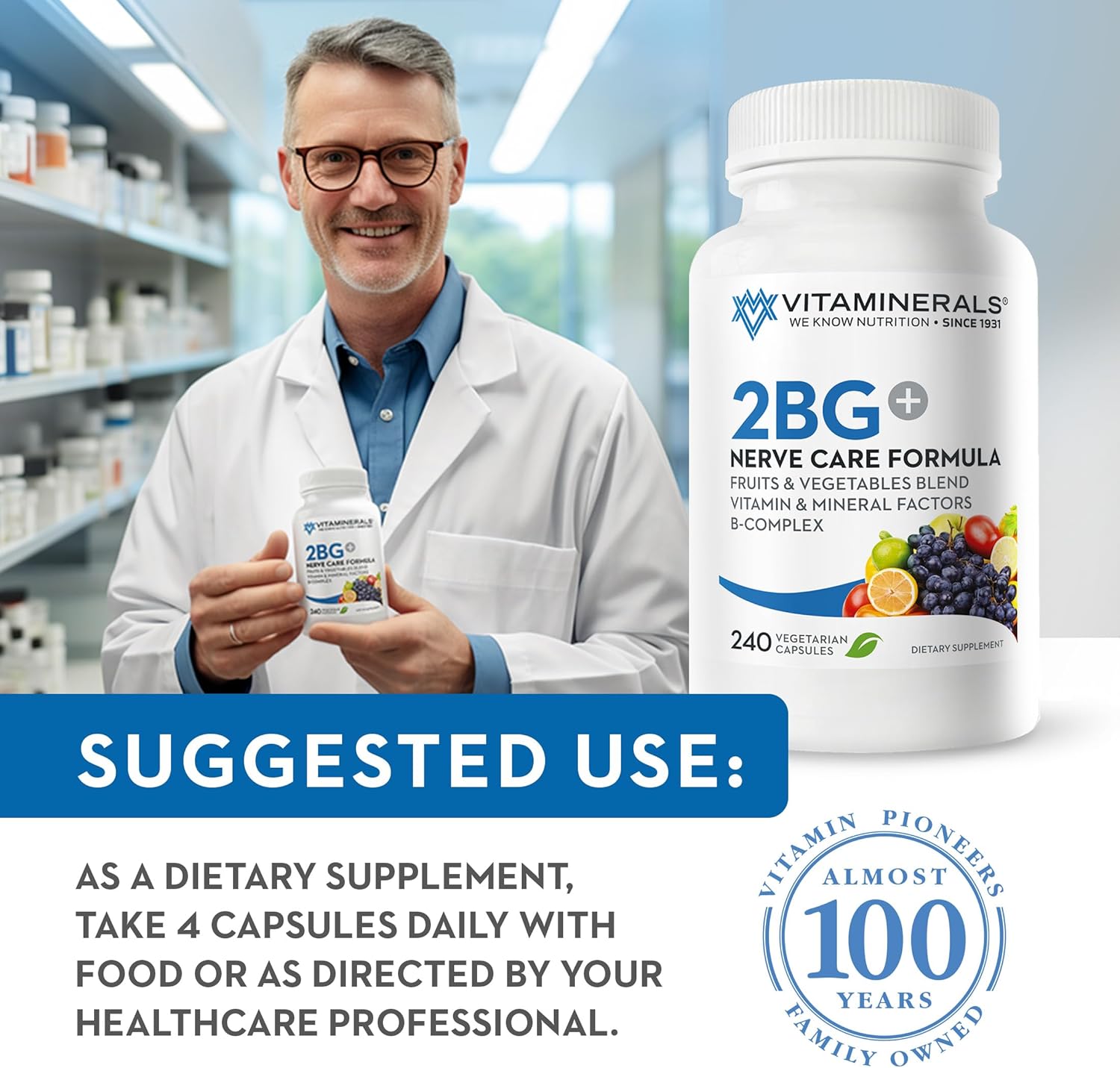 High Potency Vitaminerals 2BG+™ B Complex with Immune Support | Fruits & Veggies Blend | 240 Veggie Capsules
