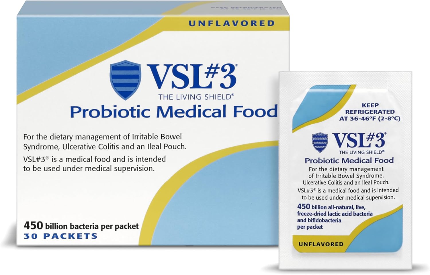 High Potency VSL#3 Probiotic Powder for Gut Health Support in Women & Men - 450 Billion CFUs, Multi-Strain Live Refrigerated Probiotics - 30 Pack