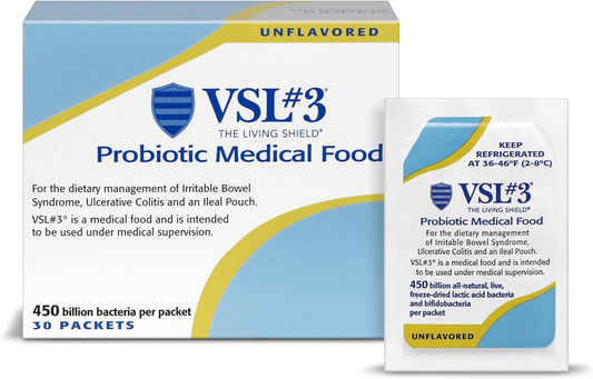 High Potency VSL#3 Probiotic Powder for Gut Health Support in Women & Men - 450 Billion CFUs, Multi-Strain Live Refrigerated Probiotics - 30 Pack