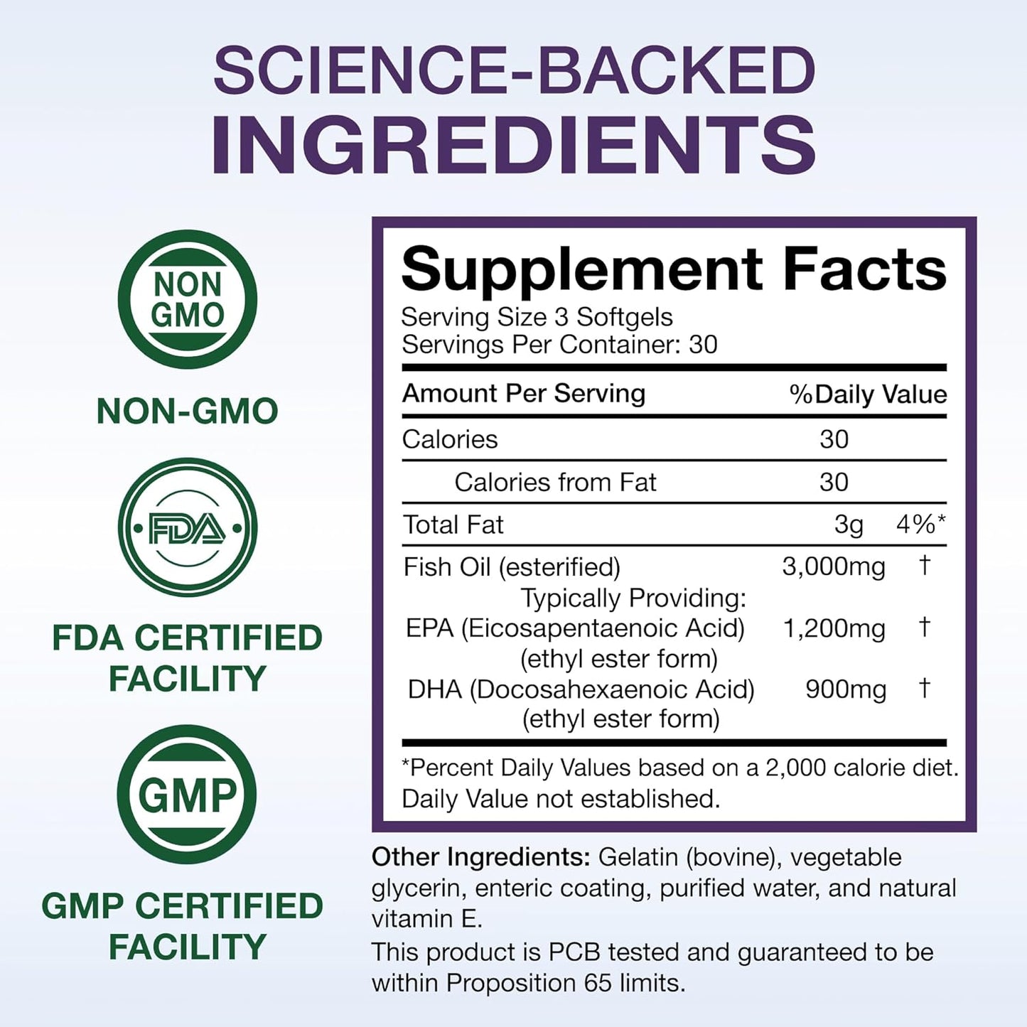 High Potency Wild Caught Omega 3 Fish Oil - Triple Strength DHA 900mg + EPA 1200mg - Non-GMO Enteric Coated Softgels - 90 Count