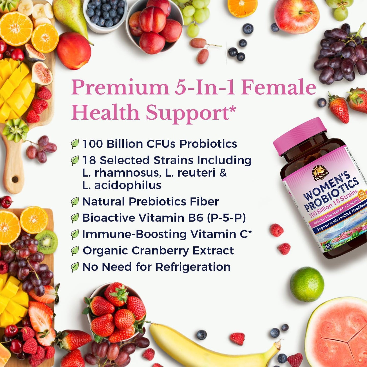 High Potency Women's Probiotic Supplement with Prebiotics, Cranberry, and Vitamins for Vaginal, Urinary, Digestive, and Mood Support - 60 Vegan Capsules