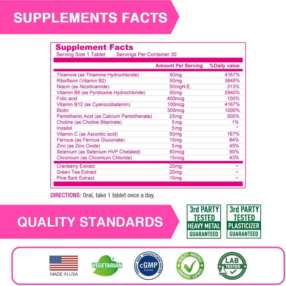 High Potency Women's Vitamin B Complex with Iron, Vitamin C, Cranberry, Pine Bark, Green Tea for Energy - 90 Vegetarian Tablets