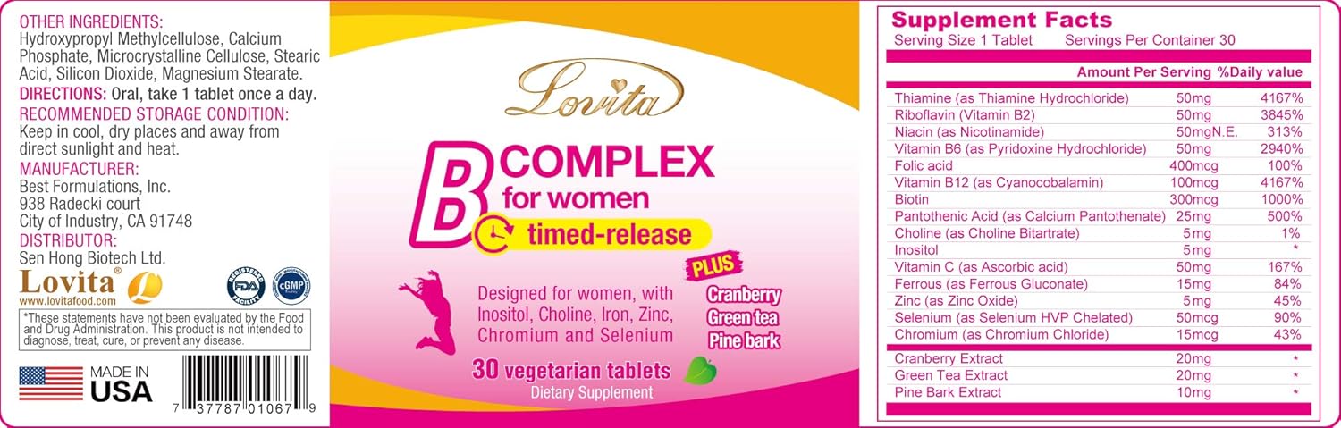 High Potency Women's Vitamin B Complex with Iron, Vitamin C, Cranberry, Pine Bark, Green Tea for Energy - 90 Vegetarian Tablets