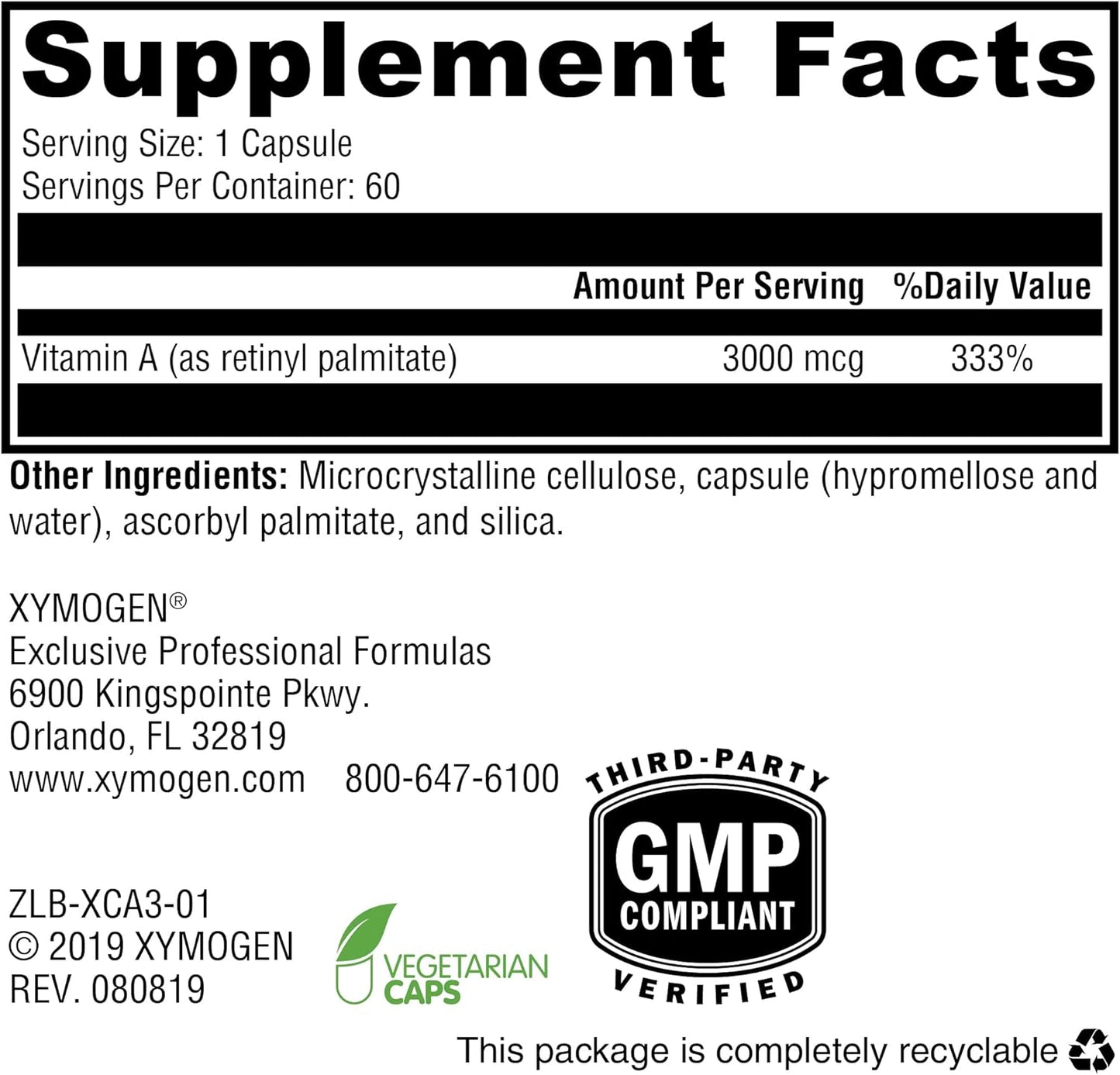 High-Potency XYMOGEN Xcellent A Vitamin A Supplement (Retinyl Palmitate) - Supports Immune Function, Skin & Mucous Membranes - 60 Capsules - BoostGo Australia