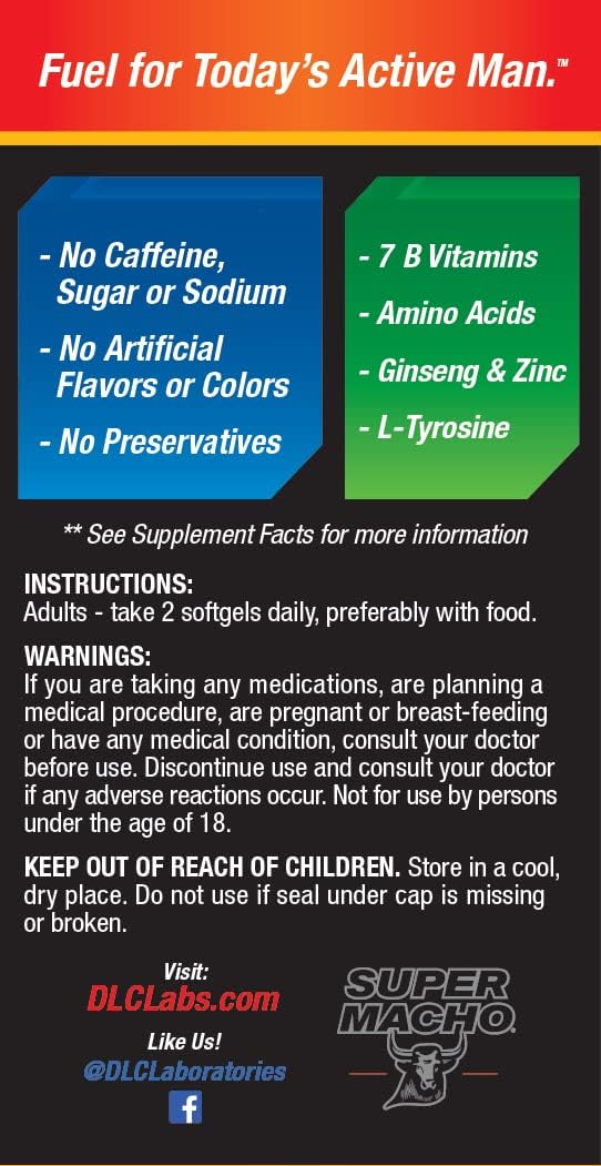 High Potency Zinc & 7 B Vitamins Super Macho Dietary Supplement, No Preservatives, Sugar, or Caffeine, Made in USA - 50 Softgels