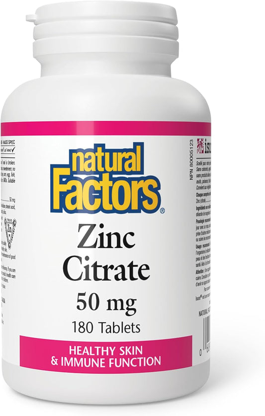High Potency Zinc Citrate 50mg Tablets for Healthy Skin & Immune Support - 180 Count