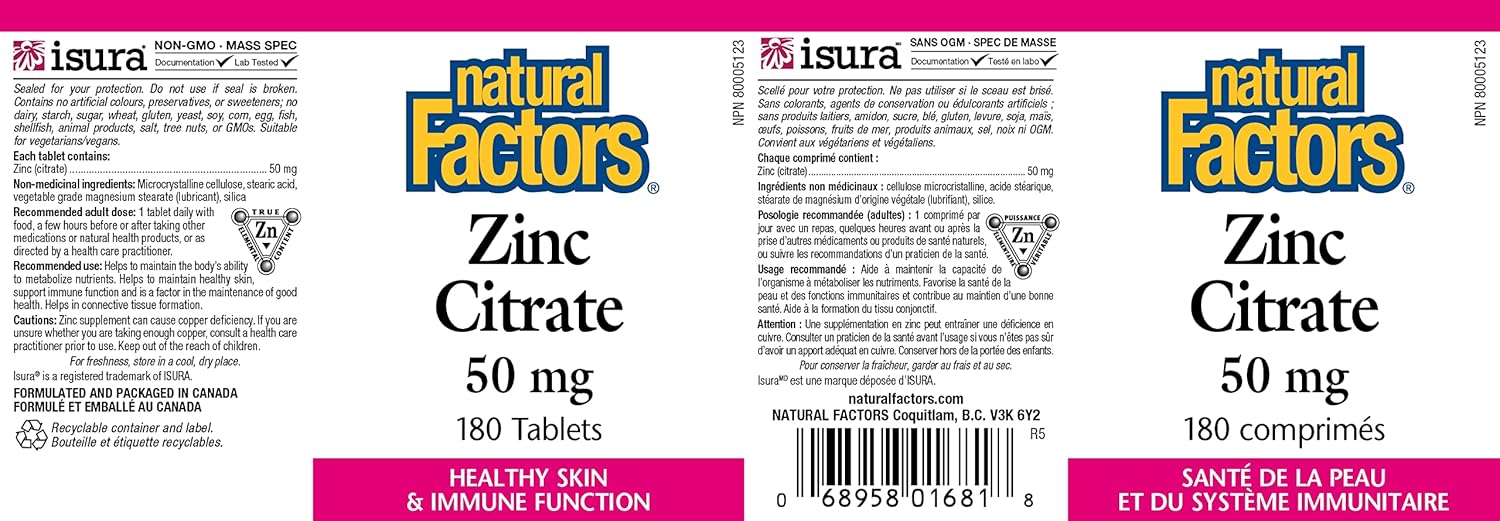 High Potency Zinc Citrate 50mg Tablets for Healthy Skin & Immune Support - 180 Count